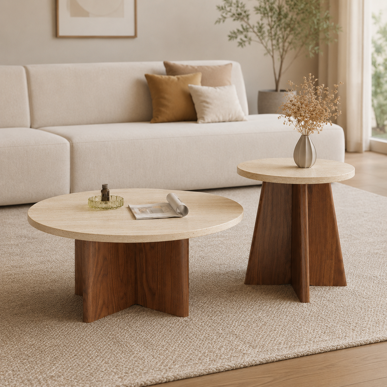 Dovira Travertine Coffee Table Set