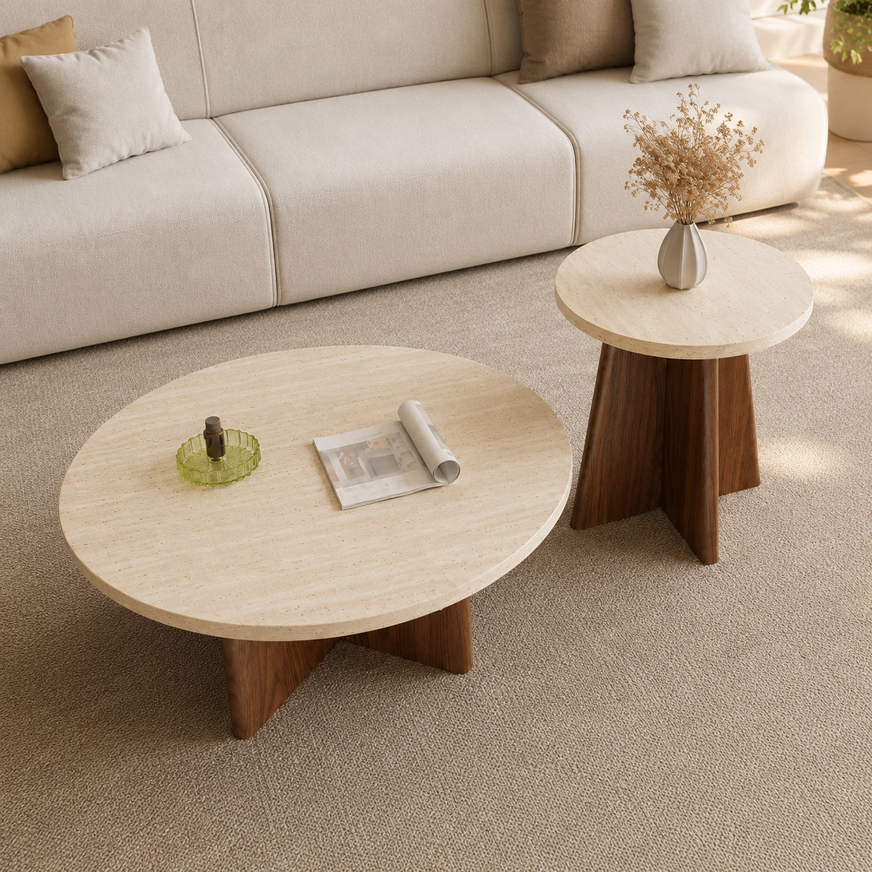 Dovira Travertine Coffee Table Set