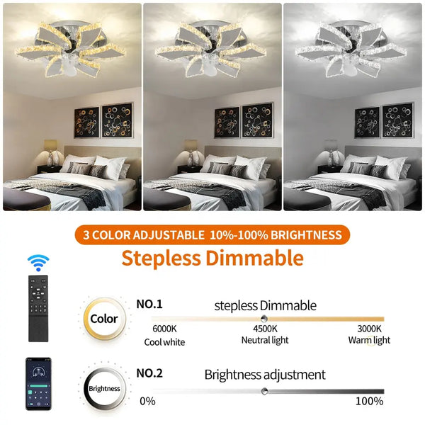7 Blades Remote Control Led Ceiling Fans With Crystal Ceiling Light