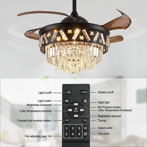 6 Speeds Blade Retractable Remote Control Ceiling Fan With Light