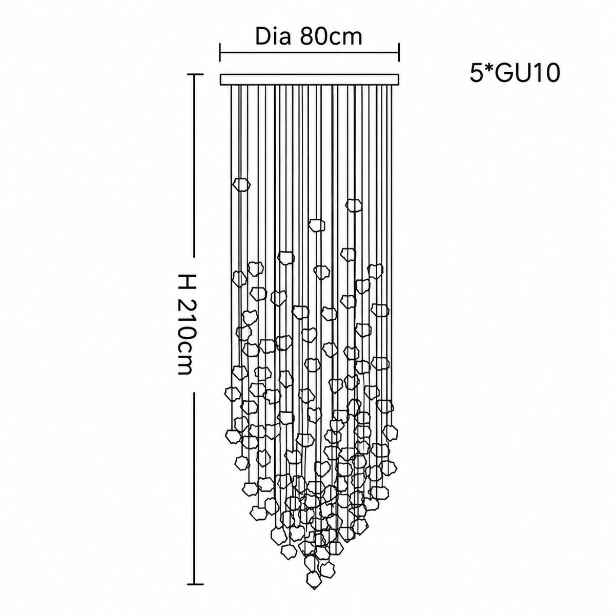 Bespoke Modern Chandelier 80 x 210cm. Warm light, Non dimmable, clear crystal