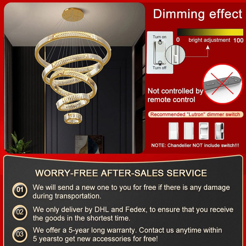 6 Rings Staircase  LED  Gold Crystal Chandelier