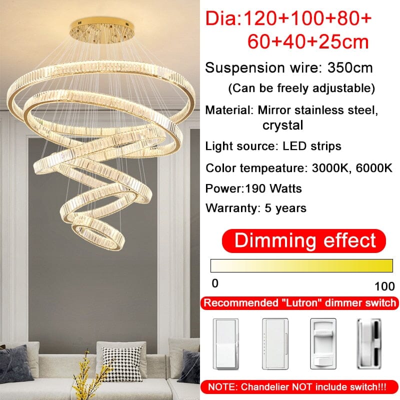 6 Rings Staircase  LED  Gold Crystal Chandelier