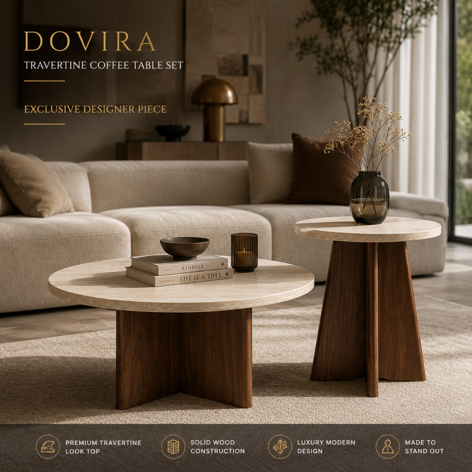 Dovira Travertine Coffee Table Set