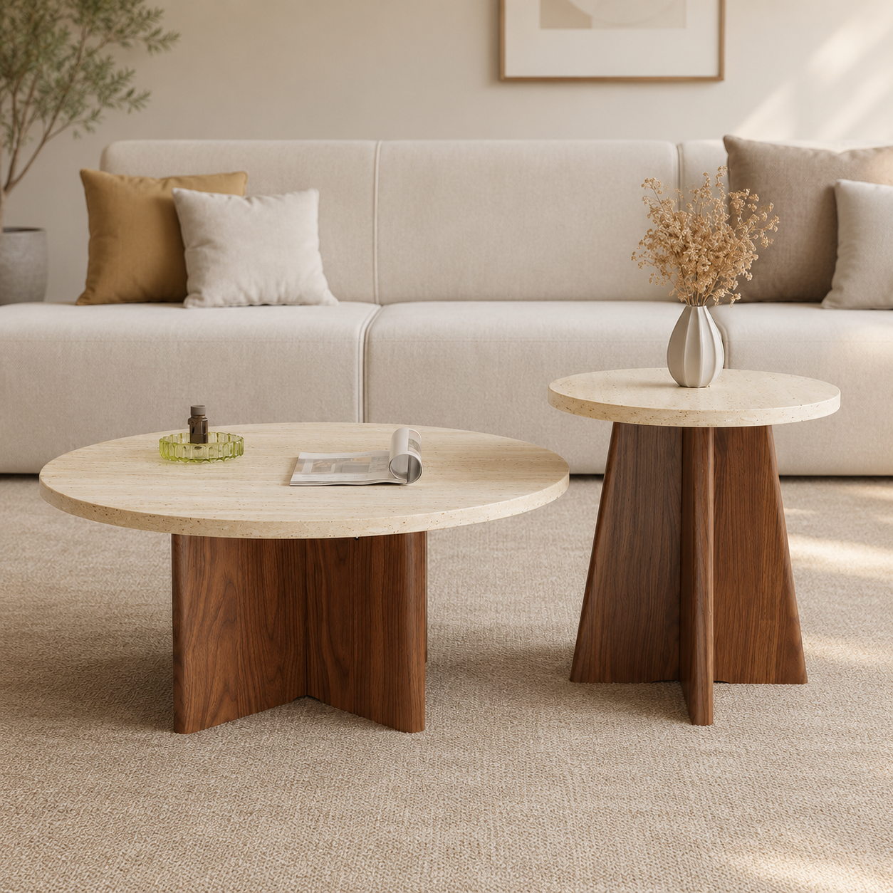 Dovira Travertine Coffee Table Set