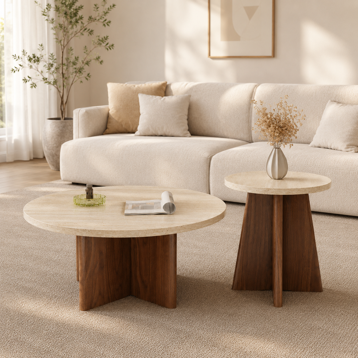 Dovira Travertine Coffee Table Set