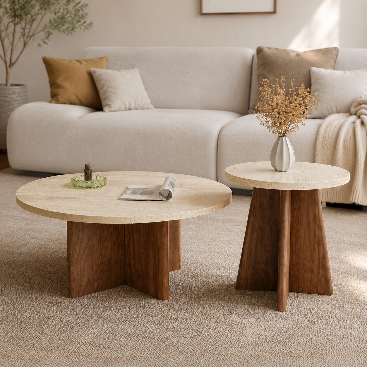 Dovira Travertine Coffee Table Set
