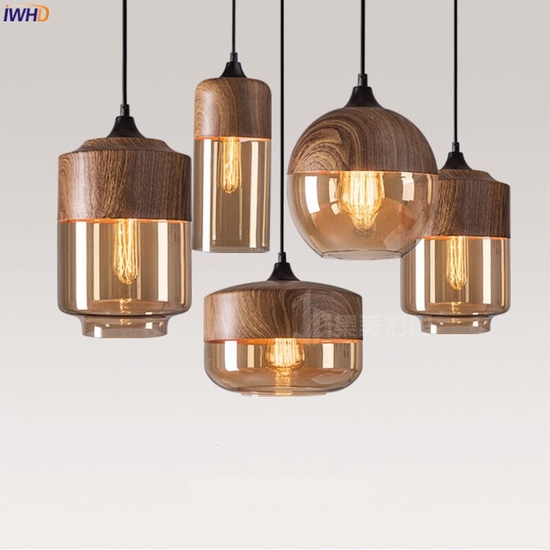 Wood Color Glass Modern LED Pendant Lights