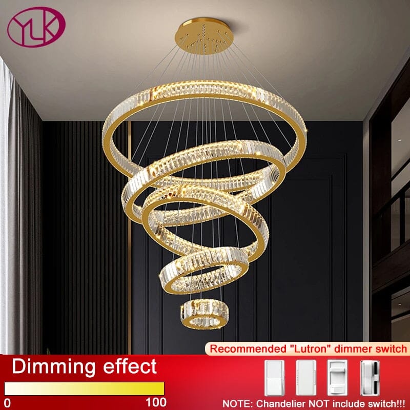 6 Rings Staircase  LED  Gold Crystal Chandelier